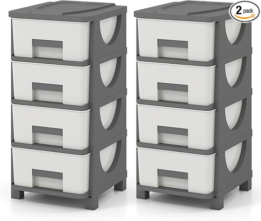 Giantex 2 Pack 4-Drawer Storage Organizer, Plastic Storage Tower with Drawers, Multi-Purpose Container Box for Office, Bathroom Living Room, White+Grey by Giantex
