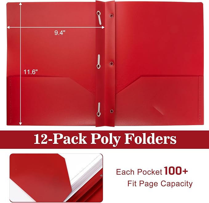 Plastic Folders with Pockets and Prongs,2-Pocket Folders with 3 Fasteners, Holds 8-1/2" x 11" Paper, Pastel Color (Bright Red, 12-Pack) - Image 2