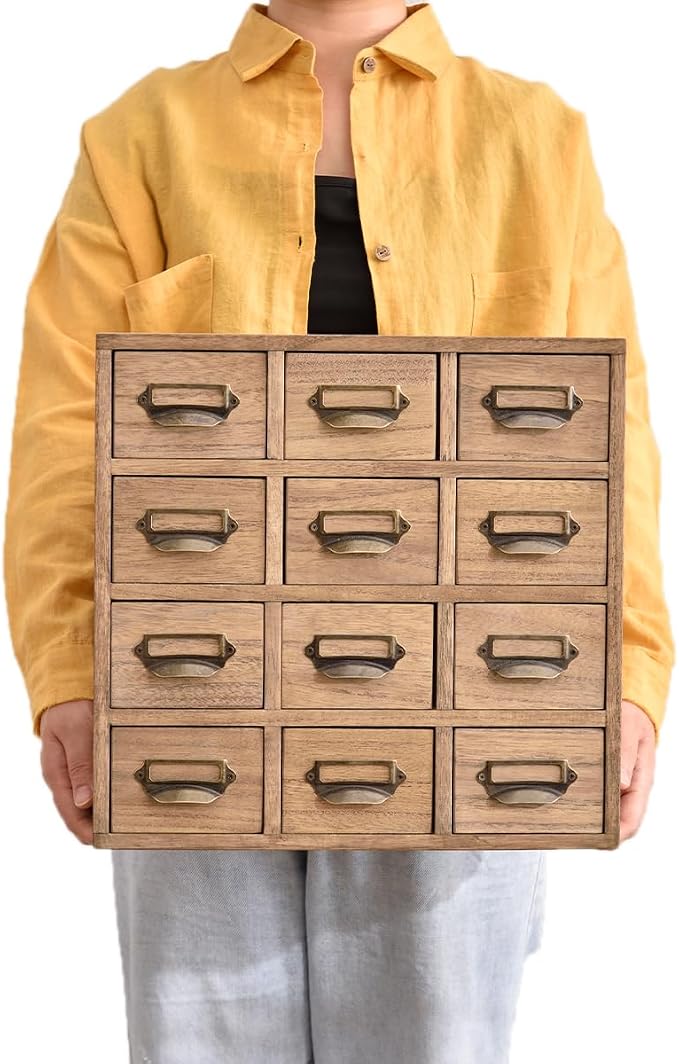 KIRIGEN Wooden Storage Cabinet, 12-Drawer Desktop Organizer, Brown 12CG-DBR | 12 Mini Drawers with Metal Label Holder Pulls for Cards, Crafts, Tea Bags, Jewelry, Office Supplies, and Small Parts - Image 8