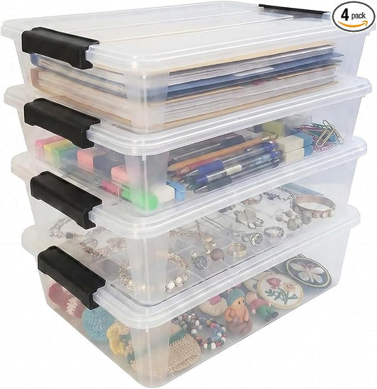 EOENVIVS 4 Pack Clear Storage Bins with Lids, Stackable A4 & US Letter File Box Organizers, Craft Storage Bins and Sensory Bins for Classroom, Kids Art Supplies, Documents and Projects, Black Latches by EasyCozyHomey