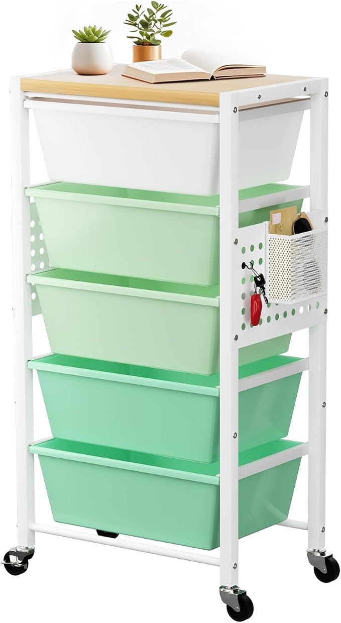 Rolling Cart with 5 Drawers, Plastic Drawer Storage Carts with Wheels & Wooden Tabletop, Metal Utility Cart with Pegboards, Office Living Room Classroom Craft Organization and Storage, Bright Green by TimeForest