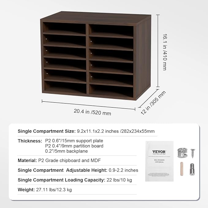VEVOR Literature Organizers, 12 Compartments Office Mailbox with Adjustable Shelves, Wood Literature Sorter 20.4x12x16.1 inches for Office, Home, Classroom, Mailrooms Organization, EPA Certified Brown - Image 7