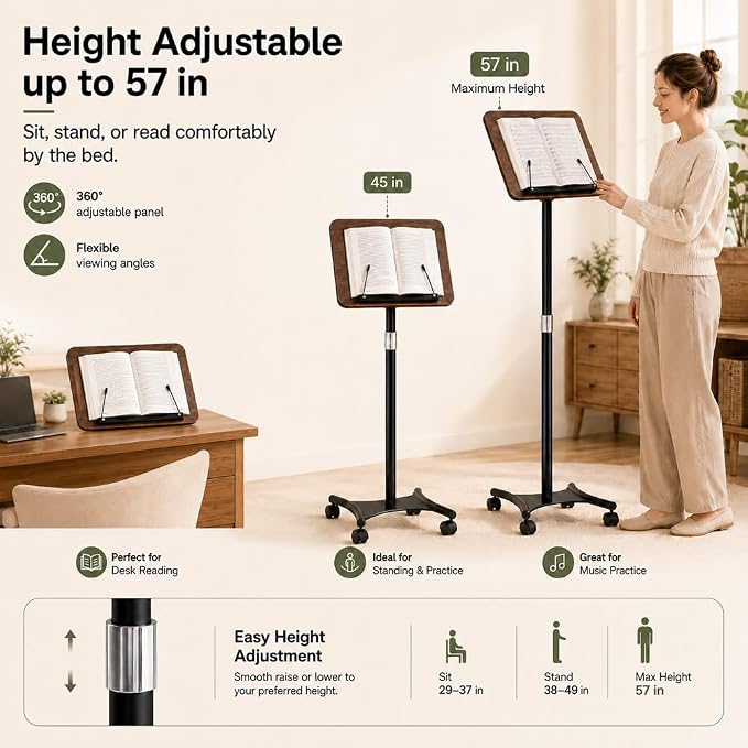 2-in-1 Rolling Book Stand, Floor & Desktop Book Holder for Heavy Books | Hands-free read | Lockable wheels | Cozy movable study setup | Up to 57 in | One stand, two ways to use | 360° Rotating Panel - Image 3