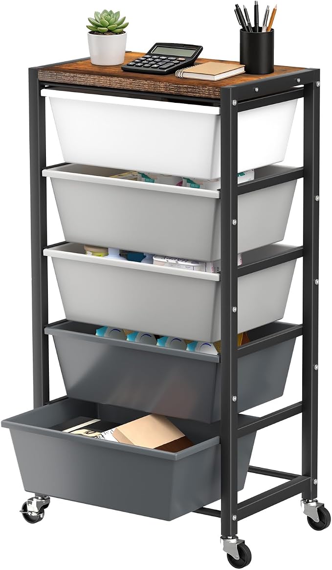 Rolling Cart with 5 Drawers, Plastic Drawer Storage Carts with Wheels & Wooden Tabletop, Metal Utility Cart for Office Bedroom Living Room Classroom, Craft Organization and Storage, Grey by TimeForest