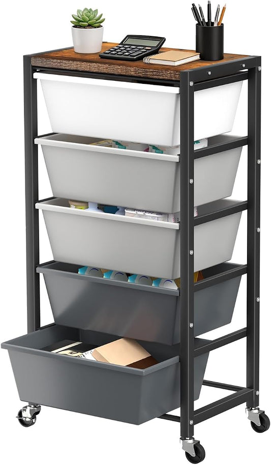 Rolling Cart with 5 Drawers, Plastic Drawer Storage Carts with Wheels & Wooden Tabletop, Metal Utility Cart for Office Bedroom Living Room Classroom, Craft Organization and Storage, Grey by TimeForest