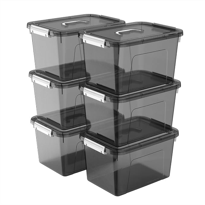 Stackable Plastic Black Storage Bins with Lids 6 Pack, 12 Quart Modular Organizer Boxes with Secure Latches for Closet, Pantry, Office and Small Item Storage by JUJIAJIA