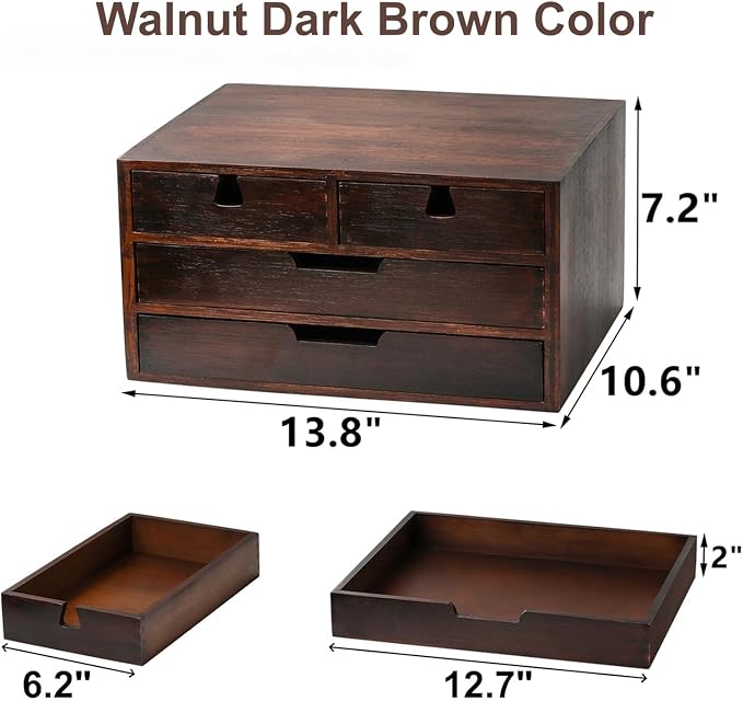 Bamboo Desk Organizer, 100% Natural Bamboo Desktop Drawer Organizer, Dark Brown Tabletop Storage Cabinet Organization Box with 4 Drawer for Makeup, Letter, Home, 3 Layer, Fully Assemble - Image 3