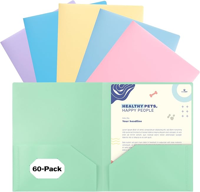 60-Pack Plastic Folders with Pockets,2-Pocket Poly Folders Holds US Letter Size Paper, Pastel Color, Assorted by EEHZTSIOFFICE