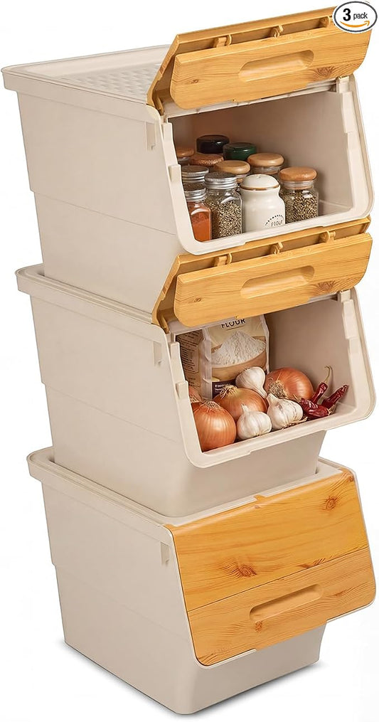 GIANTEX 3 Pack Plastic Stackable Storage Bins with Lids & Wheels, 12.5 QT | Open Front Stacking Bins, Organizer Bins for Pantry, Kitchen, Laundry, Closet, Playroom, Bedroom Organization by Giantex