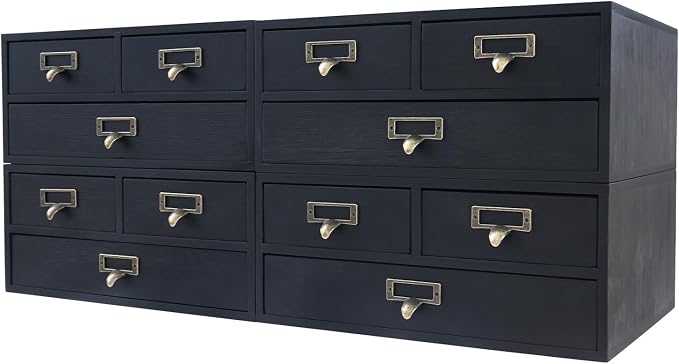 4-Piece Desktop Storage Drawer Set with 12 Drawers, Pine Wood & Metal Desk Organizer, Stackable Multi-functional Stationery Cosmetic Storage Box for Home Office Study Dorm(Black) by pijopang