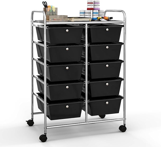Giantex 10 Drawers Rolling Cart, Classroom Organizers, Storage Cart with Wheels, for Teacher Office Home School Supplies Tool Craft Art Paper, Black by Giantex
