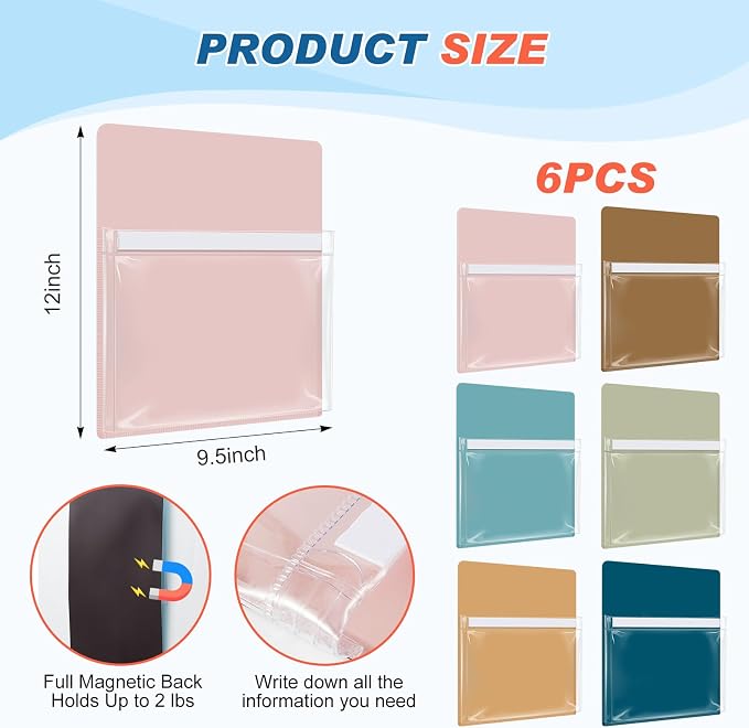 Fuutreo 6 Pcs Magnetic File Holder Colorful Magnetic Pocket Storage Pouch Paper Holder 12 x 9.5 Inch Magnet Pen Dry Erase Marker Organizer for Whiteboard Refrigerator Locker(Mocha Mousse,Vertical) - Image 2