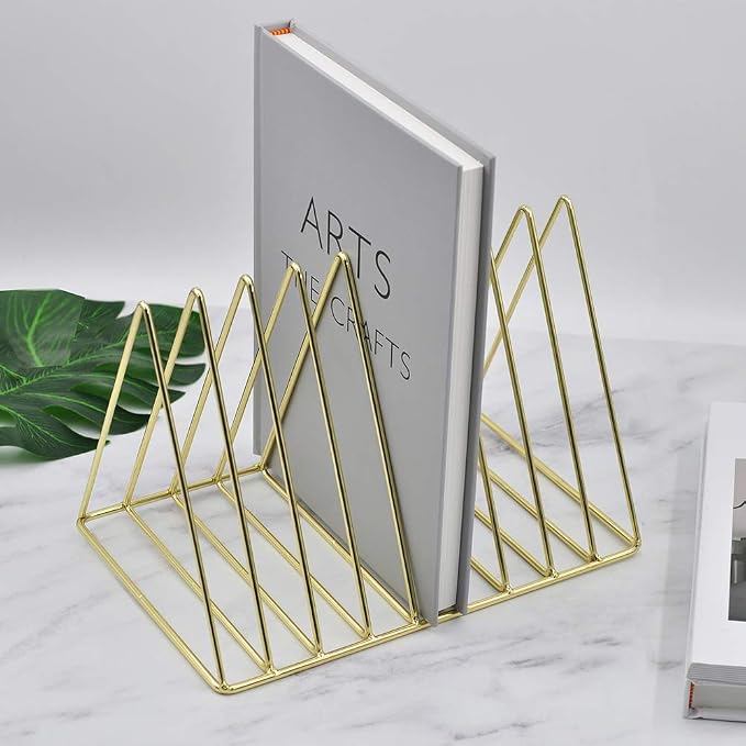 Gold File Holder Organizer, Triangle Record Album Holder Magazine Wire Rack, 9 Slot Multifunction Desktop Storage Decor for Home Office - Image 5