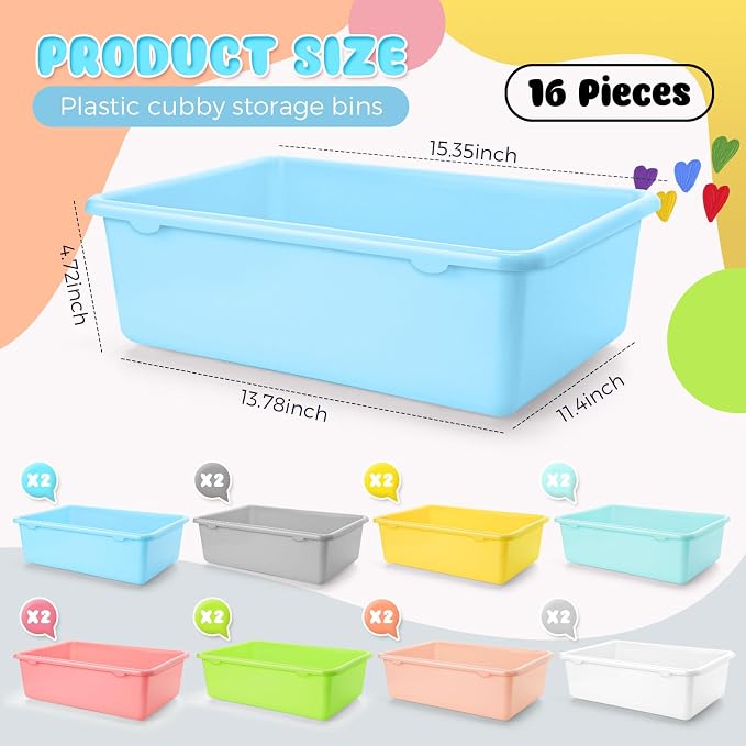 16 Pcs Large Plastic Book Bins for Classroom Cubby Storage Bins Bulk 15.3 x 11.8 x 5.1 inch Large Scoop Front Stackable Toy Storage Tub Containers for Library School Office Home Nursery - Image 2