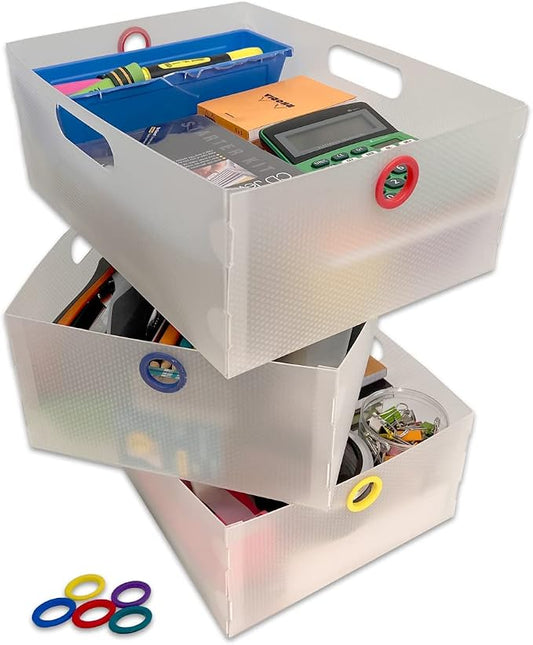 Ultimate Office TierDrop Storage Drawers, 9w x 12d x 4.75h, Set of 3, Clear | Color-coded finger rings for easy access to contents; stores desk accessories and supplies; designed for TierDrop organizers by UltimateOffice