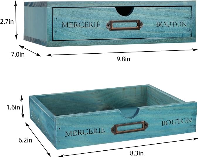 Wooden Drawers Blue Wood Desktop Organizer with Drawers | Vintage Wooden Storage Box for Apothecary Cabinet, Wood Drawer, Countertop Drawer for Library Card Catalog Cabinet - Image 3