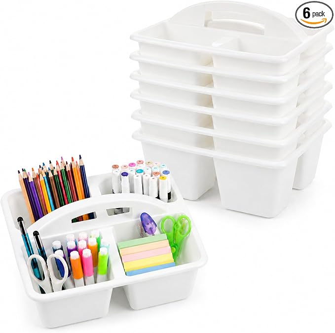 6 Pack Assorted Colors Classrooms Caddy 4 Compartment Classroom Caddy Compartment Caddies Set Table Caddies Classrooms with Handle for Classroom Organization Table Desk Office Supplies(White) by Yakydesign