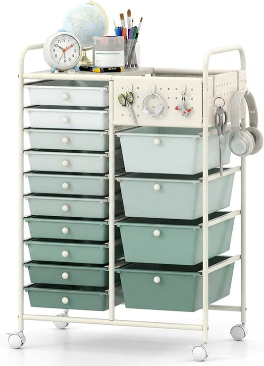 GOFLAME 14-Drawer Rolling Storage Cart with Pegboard, Craft Storage Cart with Lockable Wheels and Metal Frame, Art Cart Supply Storage Organizer for Home Office Classroom, Green Gradient by GOFLAME