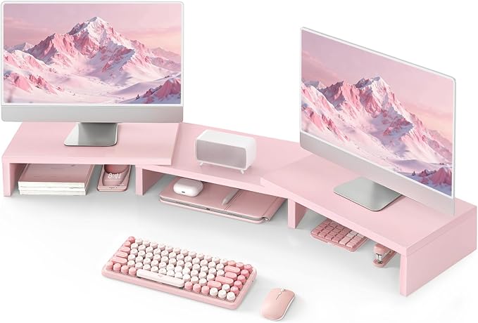 TAVR Dual Monitor Stand Riser, Wooden Computer Monitor Stand for 2 Monitors | Extra Long Multifunctional Desktop Organizer Riser for TV, PC Monitor, Laptop, Printer, Max 43.3" Length, Pink by TAVRFurniture