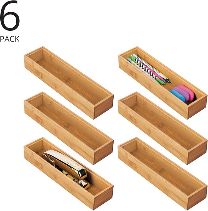 mDesign Slim Wooden Bamboo Drawer Organizer for Office - 12" Long Stackable Storage Box Tray for Desk Drawers/Cabinet - Junk Drawer and Accessories Organization - Echo Collection, 6 Pack, Natural Wood - Image 2