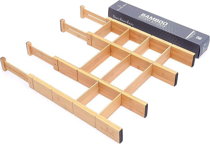 Adjustable 17-22in Bamboo Dividers Organizers with 9 Inserts, Expandable Spring Loaded Drawer Dividers for Kitchen, Dresser, Bedroom, Bathroom, Office, and Garage (4 Pack) - Image 4