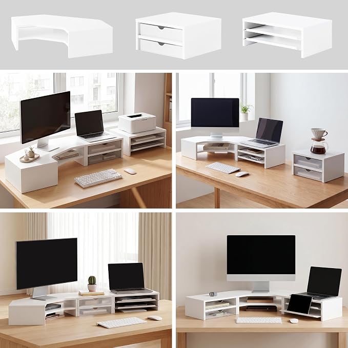 Fenge Dual Monitor Stand, Corner Desk Shelf with Drawer & Slide-Out Tray | Modular Design for Flexible Layouts, 2-Tier Storage Desktop Organizer for Computer, Laptop, Printer and Telephone - Image 4