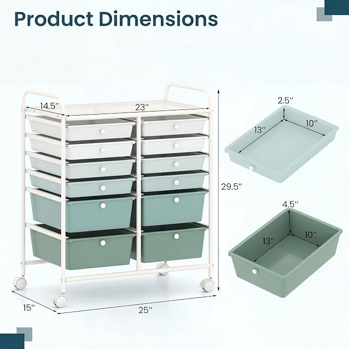 COSTWAY 12-Drawer Rolling Storage Cart, Moveable Art Craft Organizer | Lockable Wheels, Metal Shelf, Files Arrangement Tools Makeup Storage Cart for Office, Home, School (Green Gradient) - Image 3
