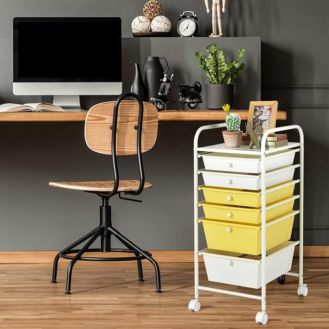 COSTWAY 6-Drawer Rolling Storage Cart, Art Craft Tools Organizer on Wheels | Multifunctional Heavy Duty Utility Mobile Storage Trolley w/ 2 Lockable Wheels for Home Office School (Yellow, Beige & Grey) - Image 8