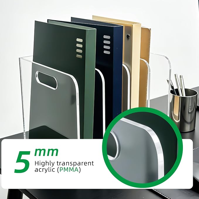 5mm Acrylic Magazine File Holder, 4 Compartment Desk Organizer | 4 spacious vertical compartments hold magazines, files, books & more. 5mm thick clear acrylic, non-slip base. No assembly. - Image 5