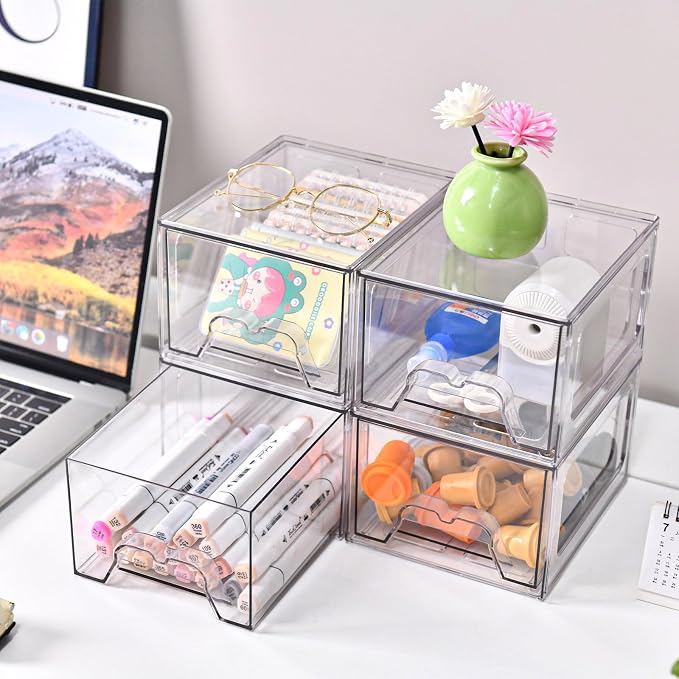 Stebopum 8 Pack Stackable Makeup Organizer, 4.4'' Tall Acrylic Bathroom Makeup Organizer and Storage Drawer with Pull-out Handle, Clear Plastic Storage Bins for Vanity,Pantry,Desk,Undersink,Kitchen - Image 6