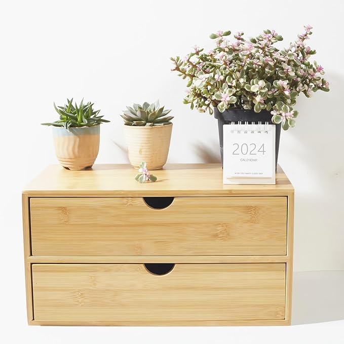 Charmewooden Bamboo Desk Organizer with Drawers, Countertop Organizer with Drawers Makeup Storage Drawer 2 Drawers Tabletop Storage Organization Box Home Office Workspace Bathroom Toiletries Supplies - Image 4