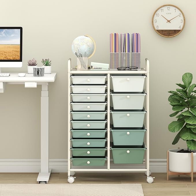 DORTALA 15-Drawer Rolling Storage Cart with Drawers, Rolling Utility Cart w/Removable Drawers & Universal Wheels, Tools Scrapbook Paper Organizer for School, Office, Home, Classroom (Gradient Green) - Image 2