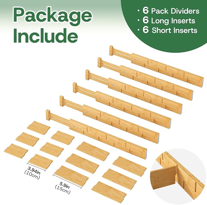 kiplant Bamboo Drawer Dividers - Adjustable Drawer Dividers for Kitchen, Clothes, Closet & Office - 6 Pack with Inserts, 18-22.6 Inches, Non-Slip Silicone Ends - Image 6