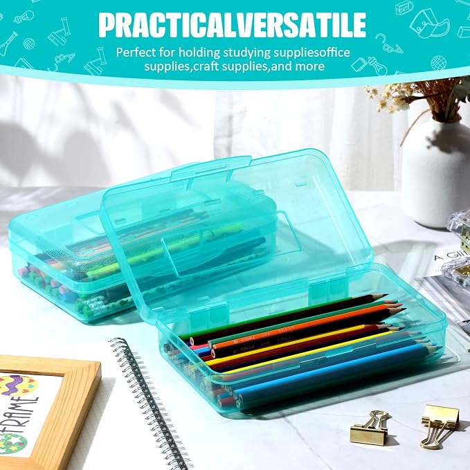Fainne 24 Pack Pencil Boxes for School Clear Plastic Pencil Case Large Plastic Crayon Box Bulk Stackable Classroom Stationery Organizer School Supplies(Cyan) - Image 3