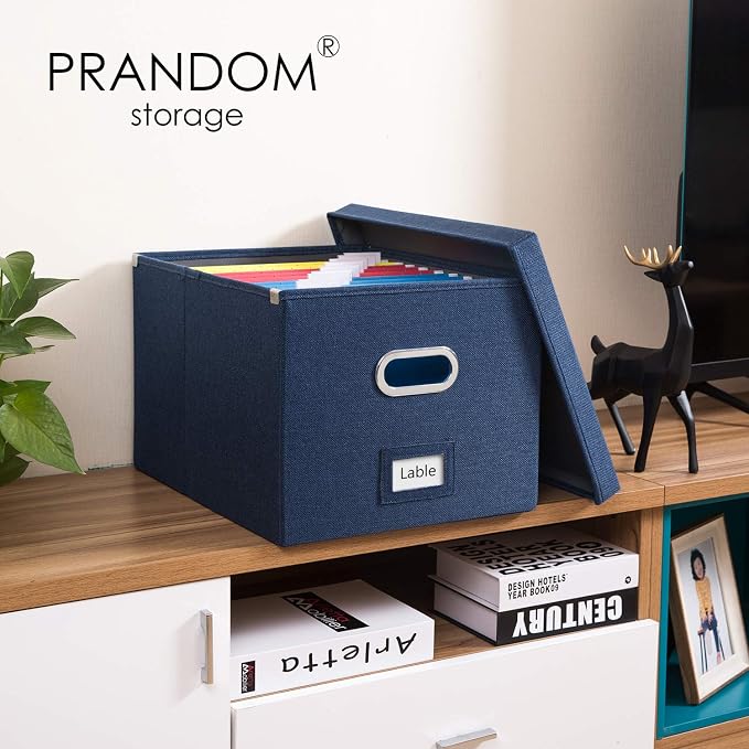 File Organizer Box - Set of 1 Collapsible Decorative Linen Filing Storage Hanging File Folders with Lids Office Cabinet Letter/Legal Size Navy Blue (17x14x11.2 inch) - Image 2