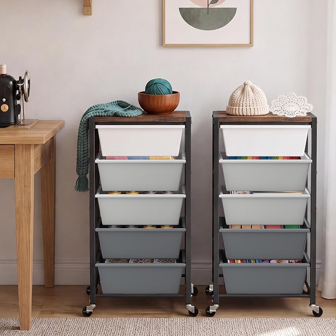 Rolling Cart with 5 Drawers, Plastic Drawer Storage Carts with Wheels & Wooden Tabletop, Metal Utility Cart for Office Bedroom Living Room Classroom, Craft Organization and Storage, Grey - Image 2