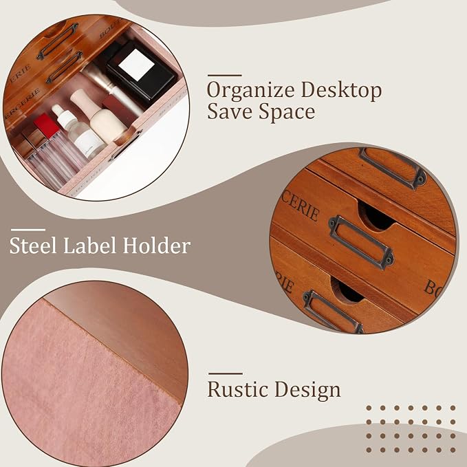 Wesiti Small Wooden Desk Organizer with 3 Drawers, Compact Vintage Apothecary Storage Box for Jewelry, Makeup, Essential Oils, Rustic Trinket Organizer for Bedroom Dresser Vanity, Brown - Image 7