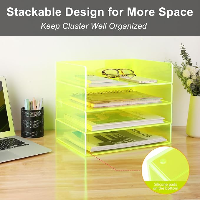 Gelite Acrylic File Organizer for Desk 4 Tiered Stackable Letter Tray Office Paper Storage Desktop Document Sorter, Neon Green - Image 6