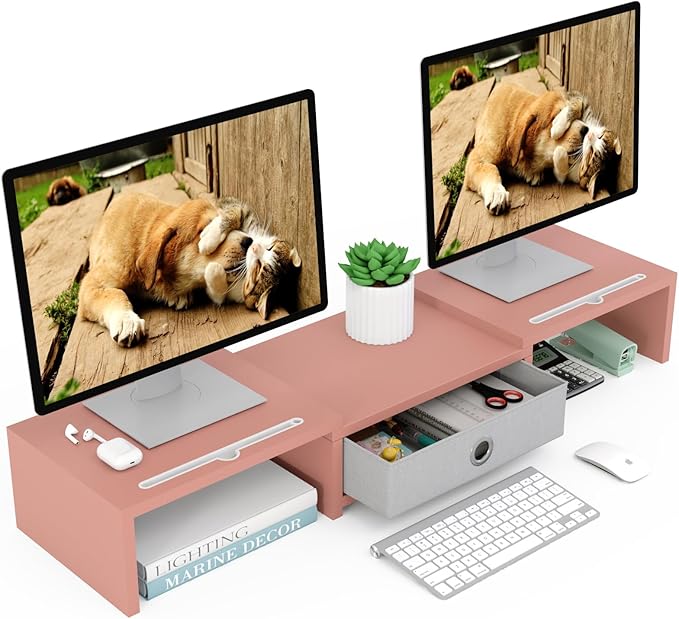 WESTREE Dual 3 Shelf Computer Riser with Drawer, Adjustable Length and Angle, Desktop 2 Monitor Stand Storage Organizer by WESTREE