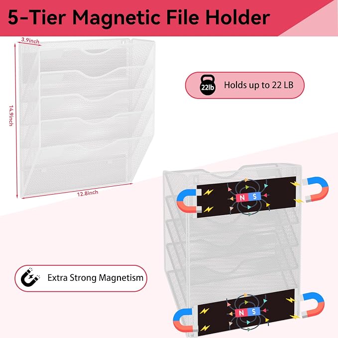 5-Tier Magnetic File Holder, No Drilling Wall File Organizer, File Folder Bins, Mail & Magazine Rack, Magnetic Paper Document Holder for Refrigerator File Cabinets Whiteboard, White - Image 2