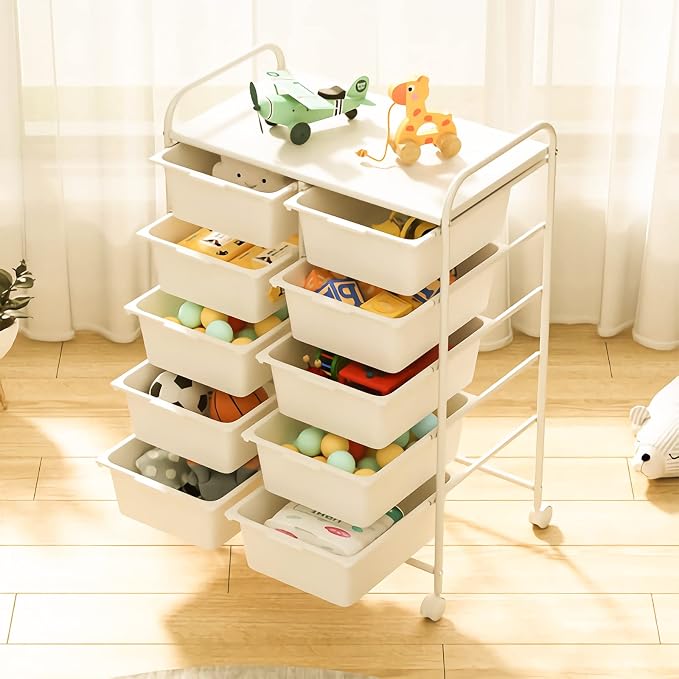 Ytaoka Rolling Cart with 10 Drawers, Plastic Drawer Cart with Metal Frame, Multipurpose Art Craft Cart Organizer with Wheels, Utility Cart with Drawers for Home, Office, School, White - Image 2