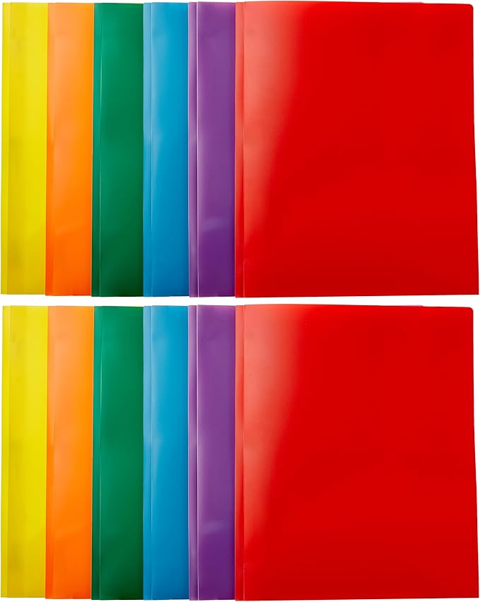 Amazon Basics Heavy Duty Plastic Folders with 2 Pockets for Documents, Letter Size Paper, School Supplies Organization, Assorted Colors, Pack of 12 by AmazonBasics