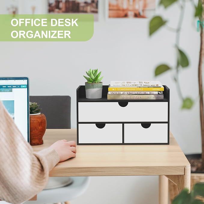 Bamboo Desk Organizer with Drawers, Desktop Storage for Office Supplies | 3 Drawers Desktop organizer, No Assembly Required, Natural Wood Wooden Desktop Drawers Box for Bills, Cosmetics, Seals, Paper - Image 3