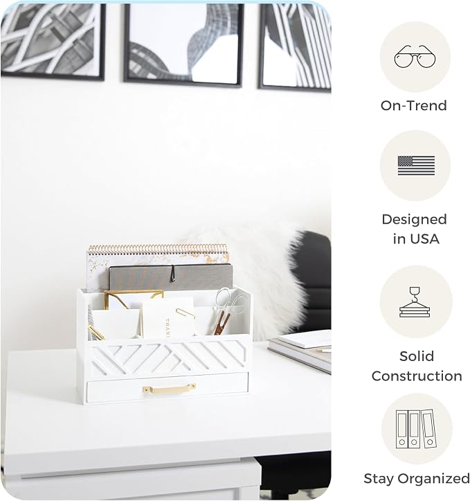 BLU MONACO | White Wooden Desk Organizer & Mail Organizer with Drawer & Gold Handle | Mail Sorter Countertop | 6 Compartments | White Desktop Organizer for Desk - Image 4