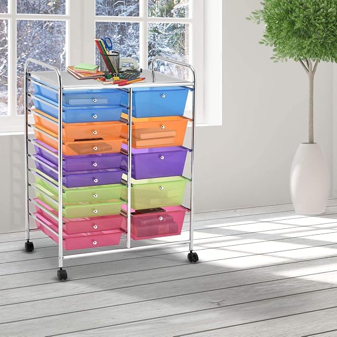 Moccha 15-Drawer Rolling Storage Cart - Under Desk Storage Drawers with wheels for Craft Art Supply Paper Salon, Scrapbook Paper Tools, Mobile Utility Cart for Classroom (15 Drawers, Rainbow) by LDAILY