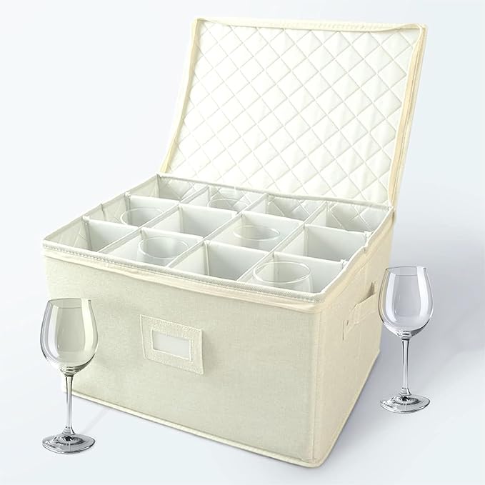Wine Glass Storage Case | Hard Shell Felt Dividers | Cream | Hard Shell Case Holds 12 Wine Glasses In 4x4 Felt Compartments. Stackable, Top-Load, Label Tag. Cream Linen Finish. by storageLAB