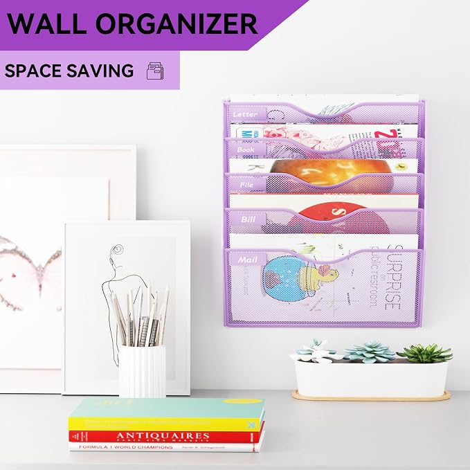 5 Pockets Hanging Wall File Organizer Mail Holder, Wall Mounted Paper Document Folder Holder, Clipboard Storage Organization Magazine Rack, Light Purple - Image 2