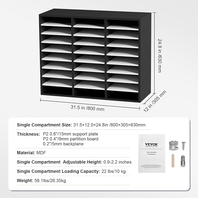 VEVOR 27 Compartments Wood Literature Organizer, Adjustable Shelves, Medium Density Fiberboard Mail Center, Office Home School Storage for Files, Documents, Papers, Magazines, Black+White - Image 7