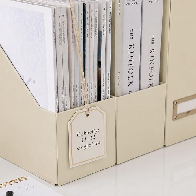 BLU MONACO | Cardboard Magazine File Holder Set of 6 | Vertical Magazine File Holder with Label Slots | Beige Linen Foldable File Organizers for Desk Shelf Office - Image 3