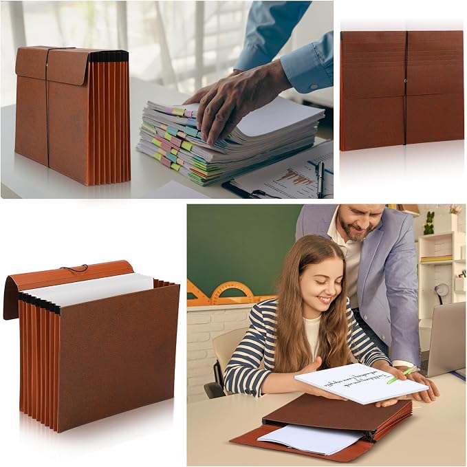 PerKoop 1 Pcs Expanding File Folder with Flap 7 Inch Expansion Expanding File Wallet with Elastic Cord Closure Letter Size Heavy Duty Document Organizer, 10 Slots, Brown - Image 4
